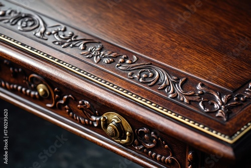 Elegant dark wood furniture detail featuring intricate carved floral and scroll motifs, accented with brass inlay and an ornate drawer pull.