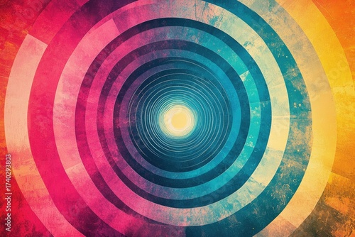 A vibrant, grunge-textured psychedelic tunnel of concentric circles, transitioning from warm reds to cool blues, culminating in a bright central light.