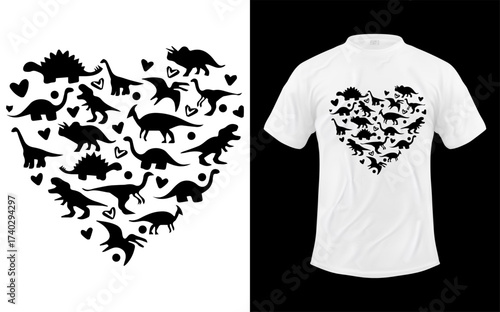 Heart shape filled with dinosaur silhouettes on a white background next to a white t shirt with the same design