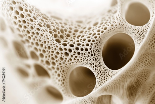 Magnified view of complex porous structure. Resembles cancellous bone or natural sponge, featuring varied hole sizes on an intricate, textured surface.