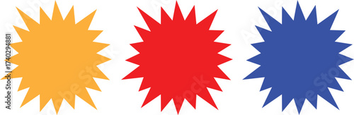 Multicolor vector starbursts, sunburst badges. Vintage labels, Colored stickers. Isolated colored starburst icons
