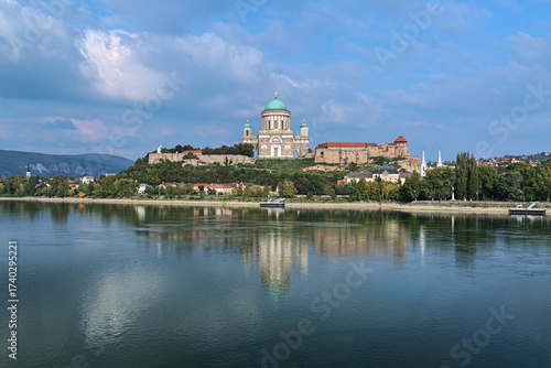 Esztergom, Hungary. Esztergom Basilica at Castle Hill. View from opposite bank of Danube. The Primatial Basilica of the Blessed Virgin Mary Assumed Into Heaven and St. Adalbert was built in 1822-1869.