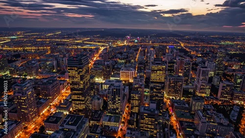 Wallpaper Mural Aerial cityscape at dusk with vibrant lights and dramatic clouds. Captured from a high angle, perfect for a time-lapse video concept. Live desktop wallpaper. Torontodigital.ca