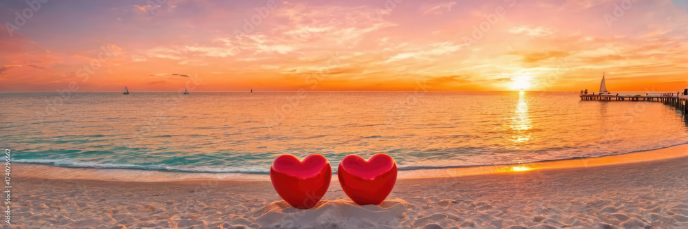 Fototapeta premium Stunning orange sunset on a calm beach with two plush red hearts