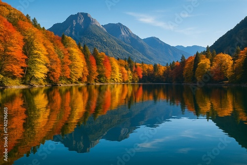 Wallpaper Mural Autumnal lake reflecting mountains and colorful trees under a clear blue sky in a scenic landscape Torontodigital.ca