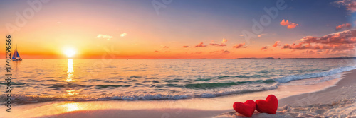Stunning orange sunset on a calm beach with two plush red hearts
