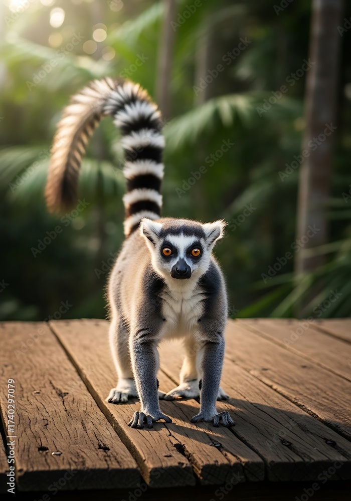 Fototapeta premium Ring-tailed Lemur on Wooden Deck.