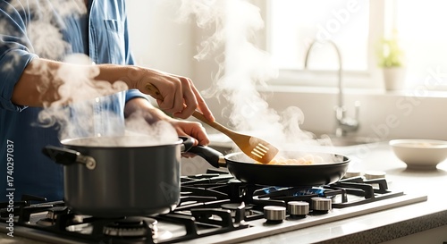 Person cooking food on a gas stove with steam