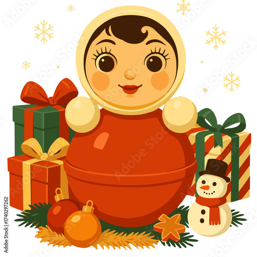 Christmas illustration with Russian roly poly doll, gift boxes and snowman in festive style, red and green colors, winter holiday decoration