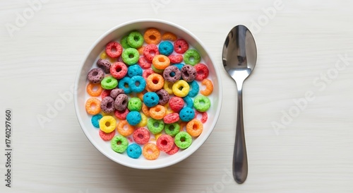 A bowl of colorful cereal loops with milk and a spoon on a white surface seen from above view