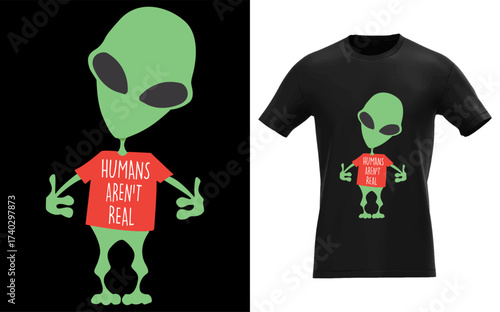Funny cartoon alien character with middle fingers up wearing a red t shirt with text