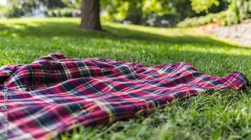 Relaxing picnic scene with red plaid blanket on the green grass in park