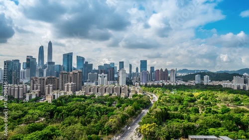Shenzhen Futian District Time Lapse Aerial View - Modern Chinese City Skyline with Green Spaces