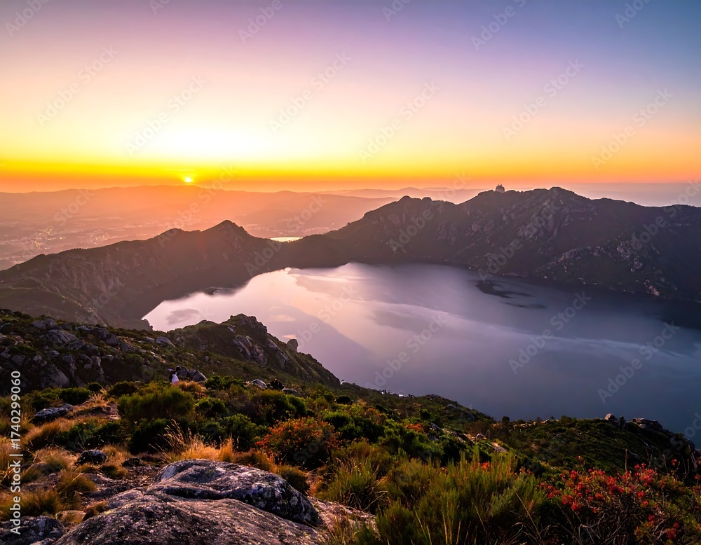 Obraz premium Sunrise Over Danau Gunung Tujuh - A Serene Mountain Lake View.