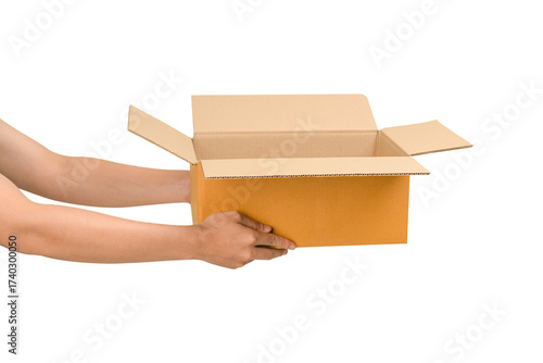 Hand holding a cardboard box isolated on transparent.
