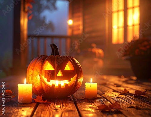 Close-up of a carved Halloween pumpkin glowing with candlelight, placed on a wooden porch at night