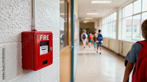 Fire alarm on school hallway wall with group of students walking blurred in the background during a fire drill.