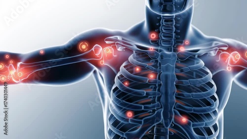 Medical representation of human joints with inflammation highlighting arthritis pain in shoulder, elbow, and hand.