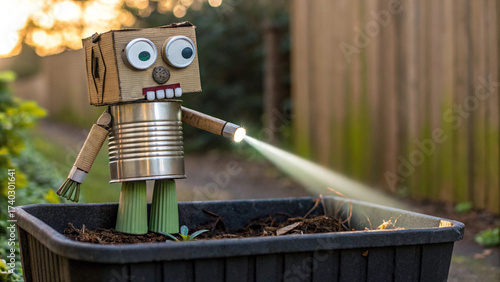 A robot made of cardboard and metal standing in a planter box with a light shining from its arm