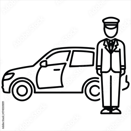 Chauffeur standing beside luxury sedan icon

