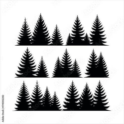 Silhouette of pine trees isolated on white background