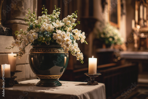 Elegante arreglo floral con rosas y orquídeas blancas en jarrón verde con detalles dorados, acompañado de velas encendidas. Escenario ideal para ceremonias religiosas, bodas o eventos solemnes.