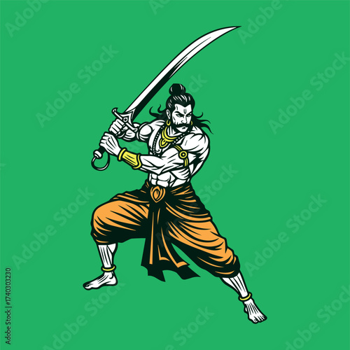Dynamic vector illustration of a powerful Indian warrior in a fierce, wide stance, wielding a large scimitar or sword against a vibrant green background.