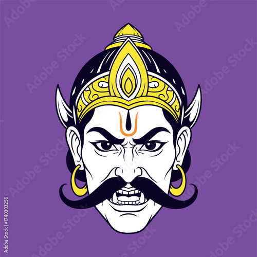 Fearsome portrait vector illustration of the Hindu demon king Ravan with an ornate crown, piercing eyes, and a massive mustache on a vibrant purple background.