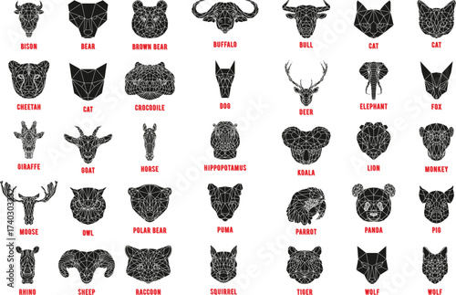 Collection of Stylized Animal Head Silhouettes with Names.