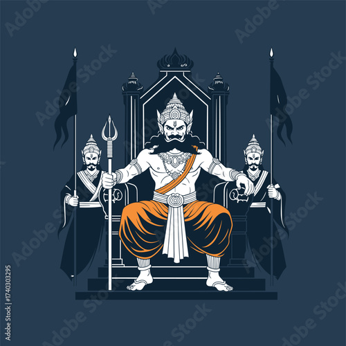 Vector illustration of the fierce demon king Hiranyakashipu from Hindu mythology seated on a throne, holding a trishul (trident), and guarded by two soldiers.