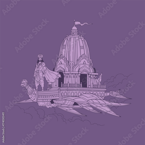 Detailed line art vector of the mythological Pushpaka Vimana, a flying celestial palace, featuring a Hindu temple on its structure, carrying a warrior figure through the clouds.