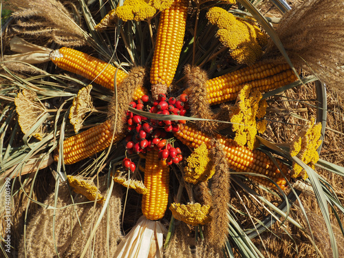 Corn and Rosehip Autumn Decoration on Hay Bale — Vertical Rustic Fall Harvest Display