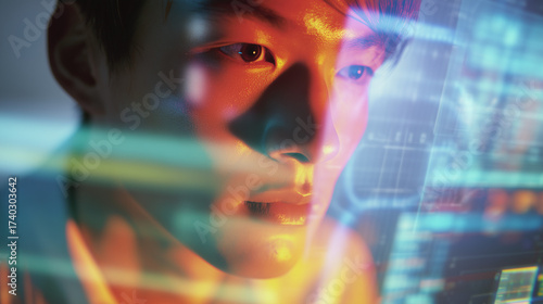 College student using virtual AI artificial intelligence technology & machine learning. Interactive technology in uni classroom. Innovation & smart tech. AI hologram in education & gaming. futuristic	