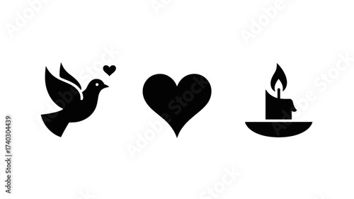 Vector icons of dove with heart, solid heart shape, and burning candle on a plate
