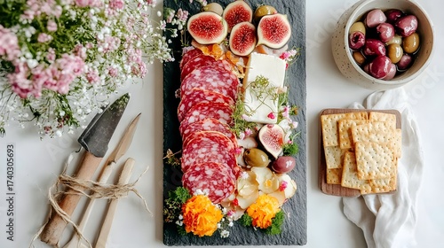 vertical cheese board layout, figs and meats, crackers and flowers, olives in bowl, salami styling, romantic rustic setting, floral garnish, dark stone contrast