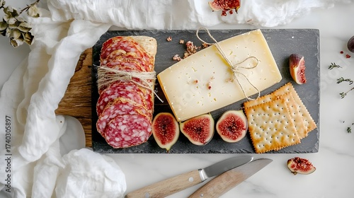 charcuterie board with cheese, fig slices and crackers, rustic gourmet layout, dark stone background, minimalistic styling, dried meat slices, casual food concept