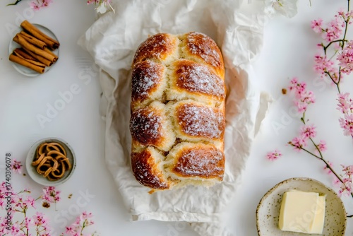 sugar dusted bread, spring floral background, cozy breakfast setup, top view baked loaf, cinnamon and butter props, bright morning light, soft white tabletop, inviting layout