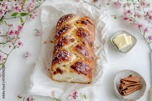 braided bread loaf, floral table styling, cinnamon sticks and butter, top view baked goods, sweet food composition, pastel tones, homemade cozy setup, spring breakfast mood