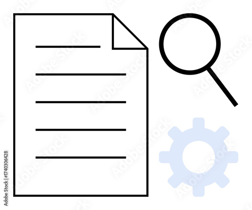 Document with lines represents data or text, magnifying glass for search or inspection, gear for optimization or process. Ideal for research, analytics, configuration, data management, workflow