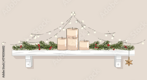 Hand-Drawn Christmas Mantel Decoration with Pillar Candles, Evergreen Garland, and String Lights
