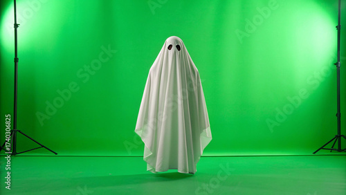 A person in a ghost costume standing in front of a green screen in a studio with lighting stands