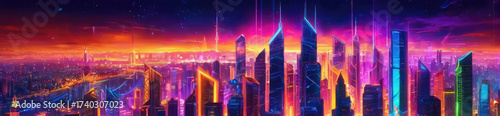 Epic cyberpunk metropolis panorama painted with fiery orange and electric purple