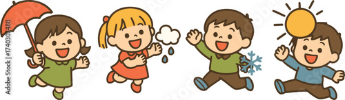 Cute cartoon vector of children exploring weather and seasons: umbrella for rain, cloud with drops, snowflake for cold, and bright sun; cheerful group for preschool educational materials.