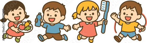 Cute cartoon vector of children promoting healthy habits: eating vegetables, drinking water, brushing teeth, and exercising with a jump rope; cheerful preschool educational scene.