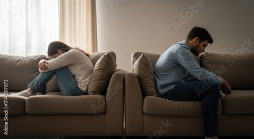 Husband and wife sitting apart on couch with heads down, illustrating relationship problems, marital discord, arguments, and potential separation or divorce, conveying emotional distance and sadness .