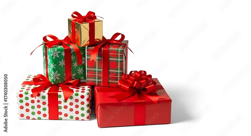 Fototapeta premium Stack of colorful gift boxes isolated on white background for christmas