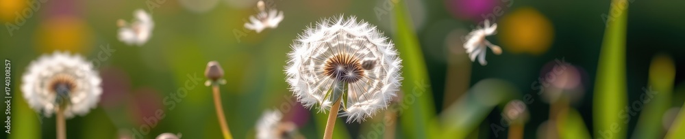 Fototapeta premium Fluffy dandelion seeds disperse on a breezy day, floating gently on the wind, outdoor, serene