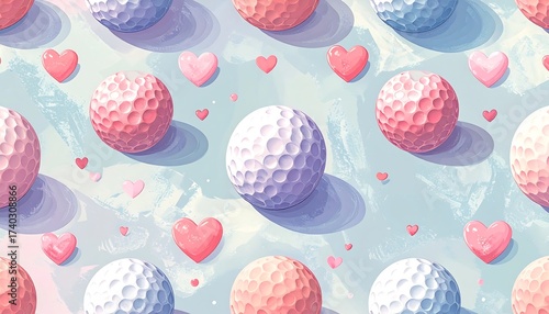 Watercolor golf balls with hearts, a romantic and artistic pattern