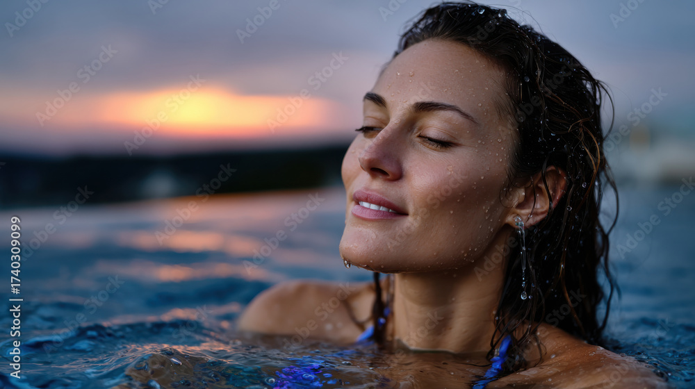 Fototapeta premium This captivating image shows a serene woman blissfully enjoying the moment, as sunlight reflects off water droplets, creating a tranquil and peaceful ambiance at sunset.