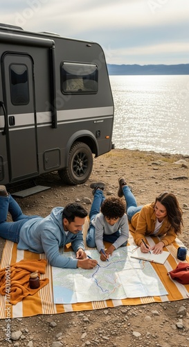 Family planning trip with map by camper van near lake